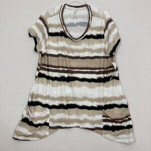 New Lulu-B Tan Brown Striped Stretch Pocket Cutout Detail Lagenlook Tunic XL